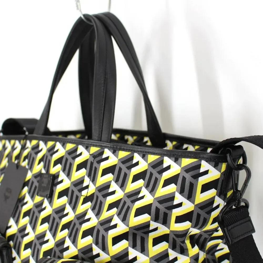 MCM Large Cubic Tote Bag Yellow Monogram Black Leather Trim Shoulder Crossbody